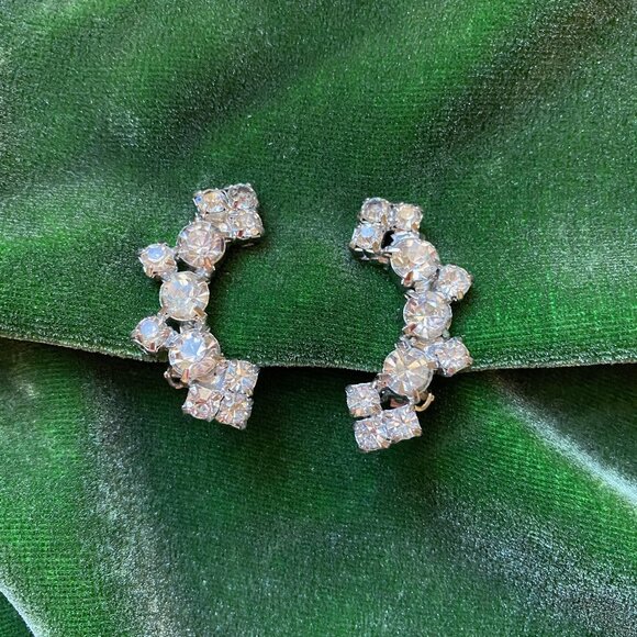 Vintage Rhinestone Ear Climber Clip On Earrings - Picture 3 of 5